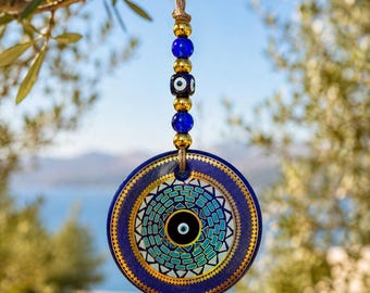 Colgante de pared turco azul con ojo turco, protección Nazar Boncuk hecha a mano, ojo turco de cristal azul, regalo único para el nuevo hogar, protección del hogar