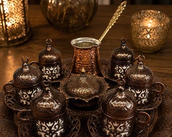 Juego de café turco tradicional para 6 personas, auténtica cafetera turca de cobre, lista para usar.