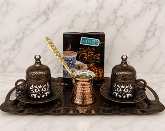 Juego de café turco tradicional para 2 personas, auténtica cafetera turca de cobre, lista para usar.