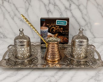 Juego de café turco tradicional para 2 personas, auténtica cafetera turca de cobre, lista para usar.