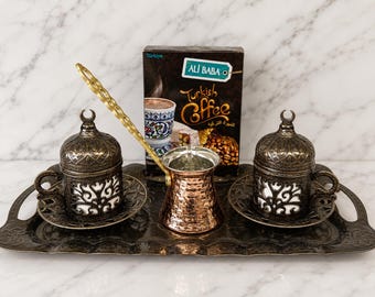 Juego de café turco tradicional para 2 personas, auténtica cafetera turca de cobre, lista para usar.