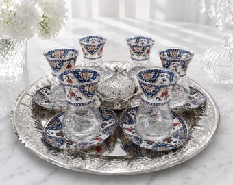 Juego de vasos de té turco para 6 personas con plato, diseño tradicional de flores de Estambul.