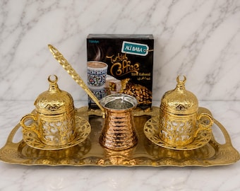 Juego de café turco tradicional para 2 personas, auténtica cafetera turca de cobre, lista para usar.