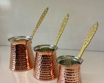 Juego de cafeteras de cobre, 3 piezas, cafeteras turcas originales hechas a mano.