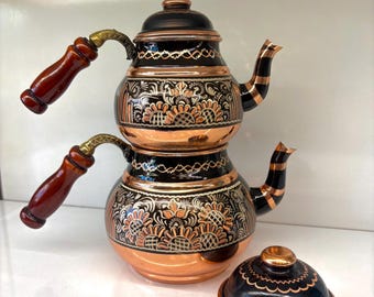 Tetera turca tradicional original de cobre hecha a mano. Tamaño: 3 (tamaño grande).