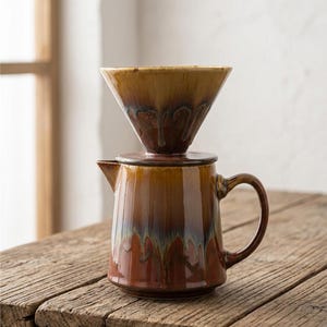 Könnte beinhalten: Ein Keramik-Kaffeebereiter-Set bestehend aus einem konischen Filteraufsatz, der auf einer passenden Kanne mit Henkel und Ausguss sitzt. Die Keramik hat eine glänzende Glasur mit einem Farbverlauf in warmem Braun, Beige und Dunkelrot.