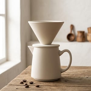 May include: A matte off-white ceramic coffee dripper set consisting of a conical pour-over filter cone resting on a matching lidded pitcher with a side handle and a small spout. Several dark roasted coffee beans are scattered on the surface.