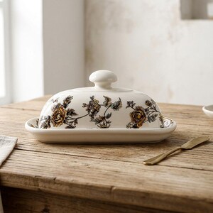 Manteigueira vintage de cerâmica com estampa floral, em porcelana com rosas amarelas.