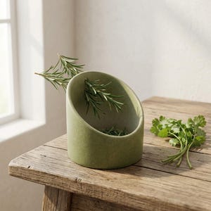 May include: A sage green ceramic bowl with a slanted, open-top design. The bowl has a smooth, matte finish and contains sprigs of fresh green rosemary. A small bunch of fresh coriander rests on the surface next to the bowl, completing the display.
