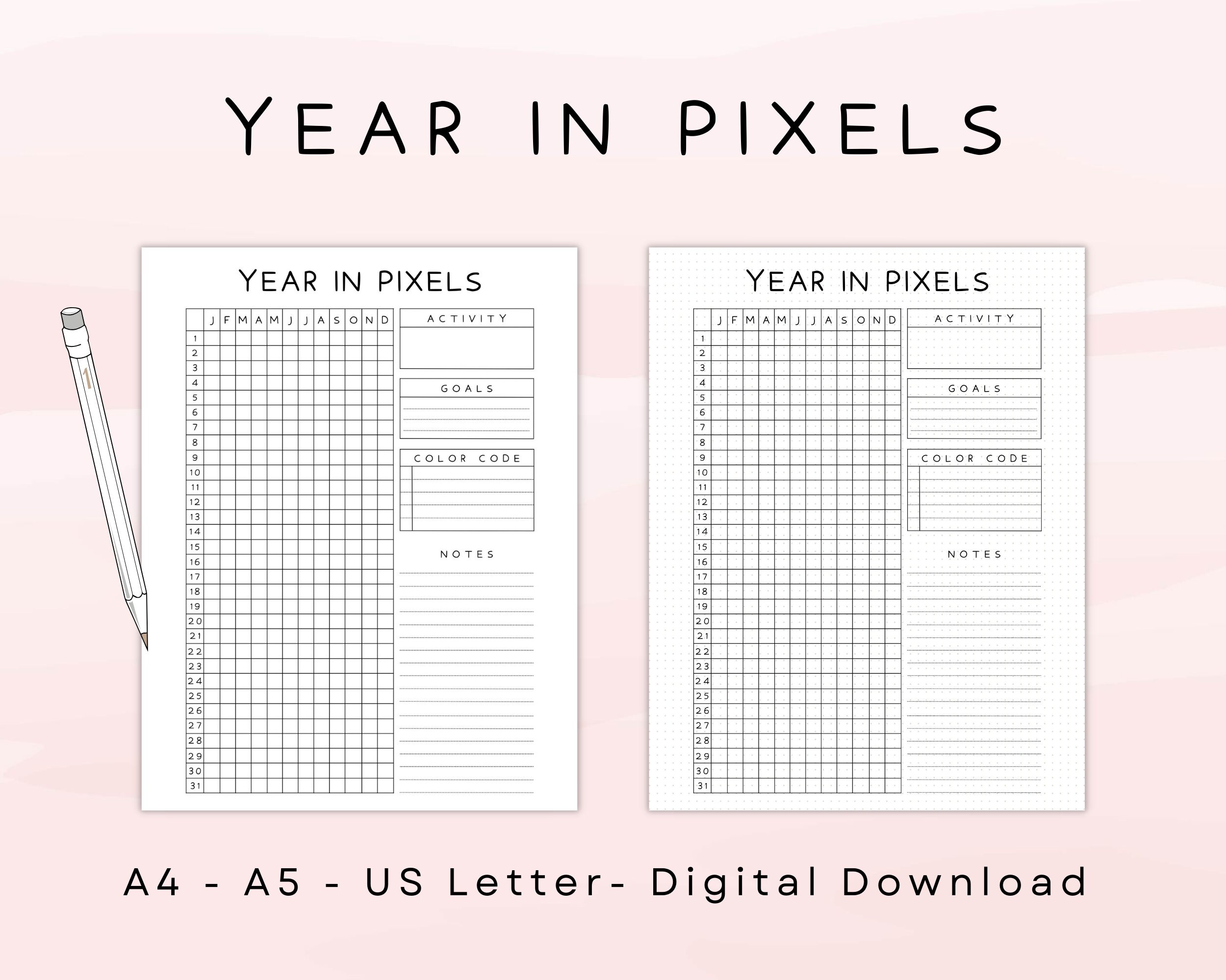 Year in Pixels Bullet Journal Page, Printable Tracker, Monthly Tracker ...