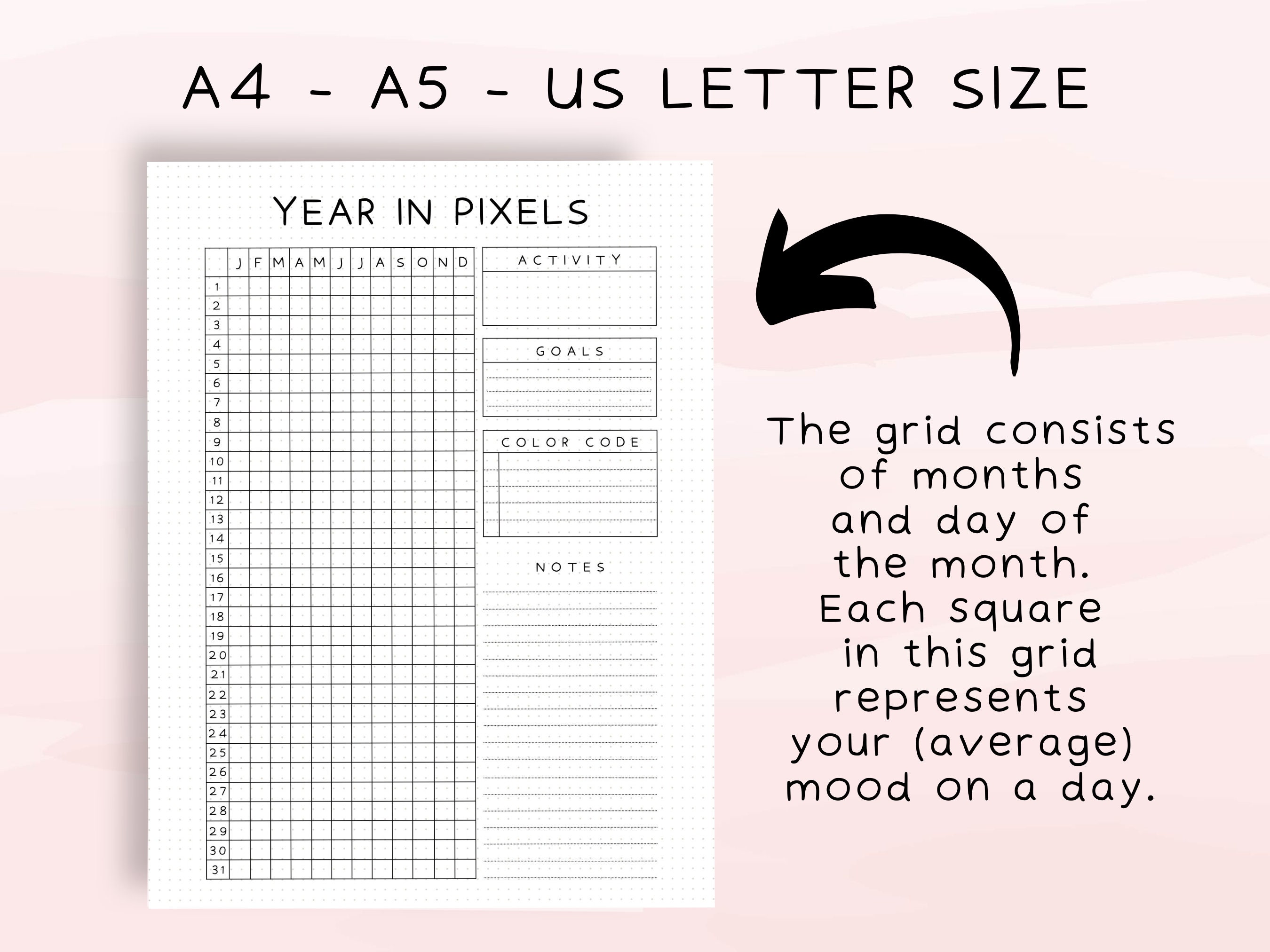 Year in Pixels Bullet Journal Page, Printable Tracker, Monthly Tracker ...