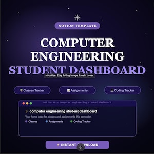 Puede incluir: Una plantilla digital de Notion para estudiantes de ingeniería informática, con un fondo morado oscuro y texto blanco y morado. Incluye secciones para el seguimiento de clases, tareas y codificación, con un botón de "Descarga instantánea".