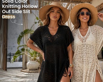Crochet Beach Cover Up Dress, Hollow Out Swim Cover Up, Summer Knit Resort Wear, V-Neck Bikini Cover