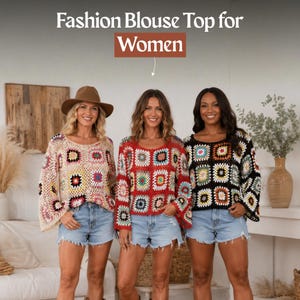 Colorful Crochet Granny Square Top Women Boho Pullover Sweater Long Sleeve Vintage Festival S M L XL 38.2in