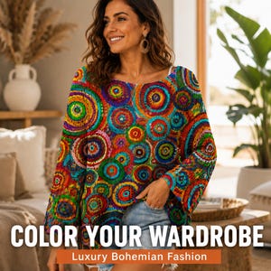 Maglione all'uncinetto Color Burst da donna con mandala arcobaleno, pullover oversize in maglia, stile boho per vacanze al mare e festival.