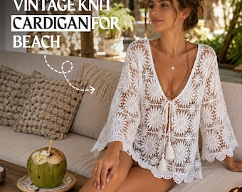 Tassel Tie Cover Up Crochet Cardigan Women Boho Floral Hollow Knit Beach One Size