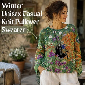 May include: A green knit pullover sweater featuring a colorful floral pattern and a black cat pendant necklace. The text on the image reads Winter Unisex Casual Knit Pullover Sweater. The sweater has long sleeves and a loose, open-knit construction.