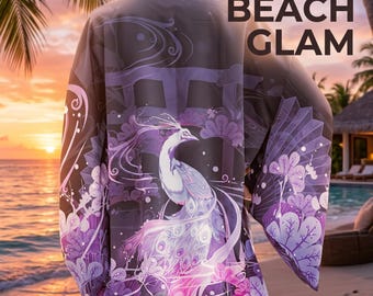 Kimono Fantasia Pavão da Meia-Noite | Haori Estilo Streetwear Japonês | Cardigã para Cosplay de Anime | Peça para Sobreposição em Violeta e Preto