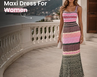 Boho Zigzag Knit Maxi Dress, Colorful Sleeveless Resort Wear, Geometric Summer Vacation Dress for Women