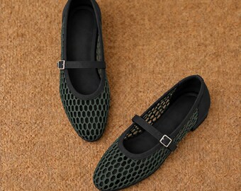Dark Green Mesh Mary Jane Flats, Buckle Strap, Almond Toe, Low Block Heel