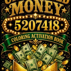 Può includere: Una copertina di un libro da colorare con il testo UNEXPECTED MONEY 5207418 in caratteri dorati. Il design presenta una busta dorata che trabocca di banconote verdi e monete d'oro su uno sfondo nero con scintille dorate.