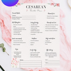May include: A printable Cesarean birth plan template with a floral design. The document includes sections for personal details, birth atmosphere, feeding the baby, and baby's medications. The text "Edit in Canva" is in a blue circle.