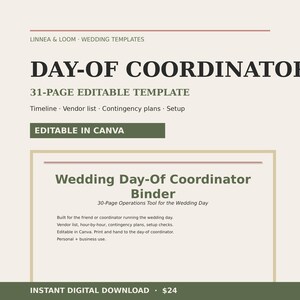 Może przedstawiać: Cyfrowy szablon koordynatora dnia ślubu. Projekt zawiera tekst "DAY-OF COORDINATOR" i "Wedding Day-Of Coordinator Binder". Szablon jest edytowalny w Canva i zawiera 31-stronicowy szablon z listą dostawców i planami awaryjnymi.