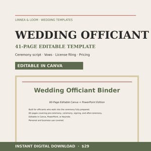 May include: A digital wedding officiant template with the text "WEDDING OFFICIANT" and "41-PAGE EDITABLE TEMPLATE". The template includes a ceremony script, vows, license filing, and pricing. It is editable in Canva and includes a 60-page binder.