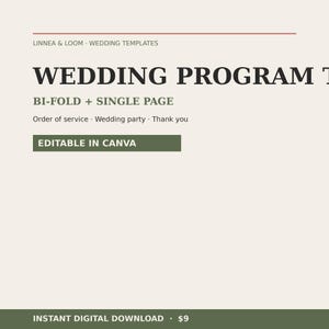 Può includere: Un modello di programma di nozze con la scritta "WEDDING PROGRAM" in grandi lettere nere in grassetto. Il modello include opzioni per design bifacciali e a pagina singola ed è modificabile in Canva. Il design include anche il testo "Order of service, Wedding party, Thank you."