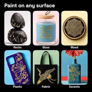 May include: Image showcasing various surfaces painted with gold designs. Includes black rocks, a blue candle in a glass jar, a wooden coaster, a purple phone case, a black tote bag, and a blue ceramic vase. Text reads "Paint on any surface."