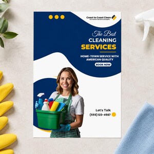 May include: A promotional flyer for Coast to Coast Clean featuring the text The Best CLEANING SERVICES, HOME-TOWN SERVICE WITH AMERICAN QUALITY, BOOK NOW, and Let's Talk (555) 123-4567. The flyer shows a person holding a green cleaning supply caddy.