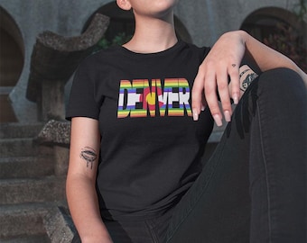 Denver Pride Rainbow Softstyle Tee, A Traditionally Feminine fit, Black, Navy, or Dark Grey