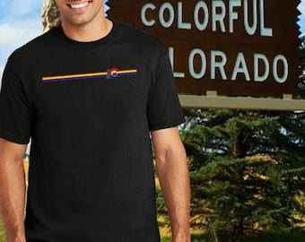 Colorado State Logo, done the Denver Pride way, with a Rainbow accent, Black 100% Cotton, Unisex T-shirt up to size 5XL