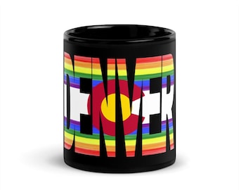 Denver CO Rainbow Flag Black Glossy Mug, 11 ounce or 15 ounce