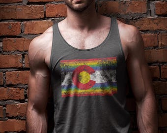 Colorado Rainbow Flag Unisex Jersey Tank | Vintage Rainbow Design, Denver Pride, up to size 2XL
