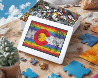 Rompecabezas de la bandera arcoíris de Colorado, una excelente manera para que los amantes de los rompecabezas recuerden el orgullo de Denver, 1000 o 2000 piezas, caja de almacenamiento de metal.