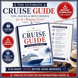 Op de afbeelding: Een spiraalgebonden cruise-gids getiteld The Ultimate Cruise Guide met tips en hacks. De omslag toont een cruiseschip en een palmboom. Inclusief een printbaar formaat van 21,59 cm bij 27,94 cm, een inhoudsopgave, een zonnebril en een strooien hoed.