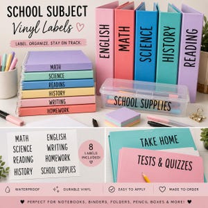May include: A set of school subject vinyl labels featuring black text on white backing. The labels include the words English, Math, Science, History, Reading, Writing, Homework, and School Supplies, shown applied to colorful binders, notebooks, and a clear plastic pencil case.