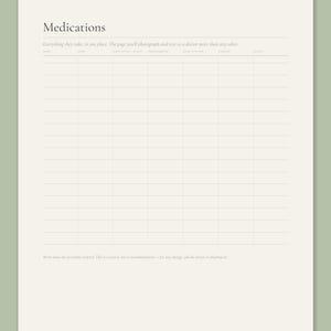 Medications page from the Calmkept Caregiver Binder, a table for name, dose, how often, prescriber, what it's for and start date