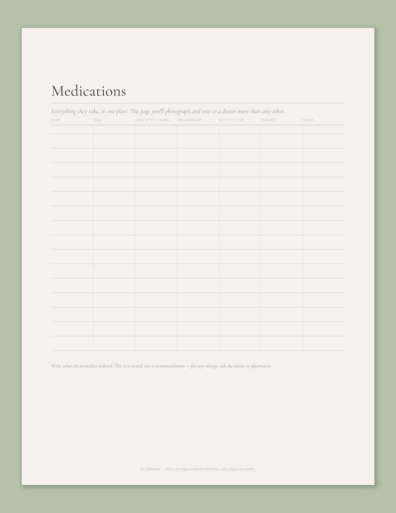 Medications page from the Calmkept Caregiver Binder, a table for name, dose, how often, prescriber, what it's for and start date