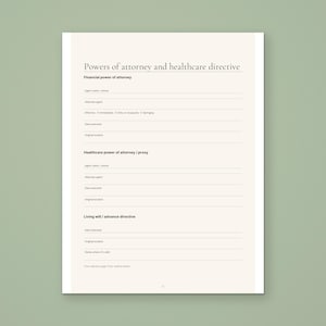 Powers of attorney and healthcare directive page from the Calmkept End of Life Planner, with fields for each agent, the date executed and where the original is kept