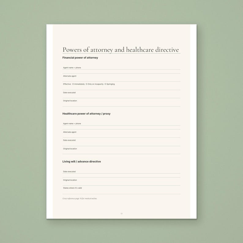 Powers of attorney and healthcare directive page from the Calmkept End of Life Planner, with fields for each agent, the date executed and where the original is kept