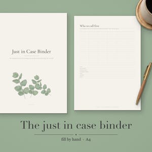 Puede incluir: Dos hojas de papel A4 para un Just in Case Binder. La hoja izquierda presenta el título y una ilustración de eucalipto en acuarela. La hoja derecha es un formulario de contacto Who to call first con líneas para nombres.