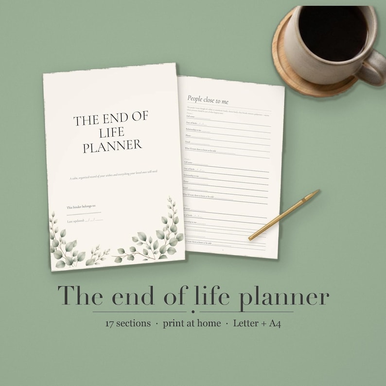Cover of the Calmkept End of Life Planner, a printable PDF organizer in sage and cream with eucalyptus leaves, shown with the People close to me page and a gold pen