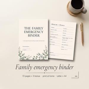 K&ouml;nnte beinhalten: Ein druckbares Notfallordner-Set f&uuml;r die Familie mit cremefarbenem Hintergrund und gr&uuml;nen Blattillustrationen. Das Deckblatt tr&auml;gt die Aufschrift THE FAMILY EMERGENCY BINDER und die Innenseite ist mit About me - Person 1 betitelt.