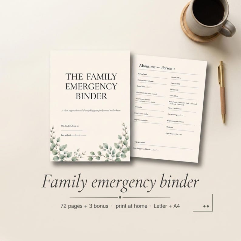 K&ouml;nnte beinhalten: Ein druckbares Notfallordner-Set f&uuml;r die Familie mit cremefarbenem Hintergrund und gr&uuml;nen Blattillustrationen. Das Deckblatt tr&auml;gt die Aufschrift THE FAMILY EMERGENCY BINDER und die Innenseite ist mit About me - Person 1 betitelt.
