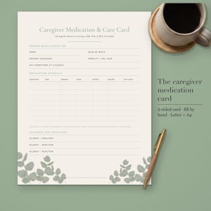 Front of the Calmkept Caregiver Medication Card, a printable two-sided PDF card to fill in by hand, shown in sage and cream with a coffee cup and pen, in Letter and A4
