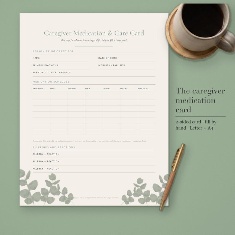 Front of the Calmkept Caregiver Medication Card, a printable two-sided PDF card to fill in by hand, shown in sage and cream with a coffee cup and pen, in Letter and A4