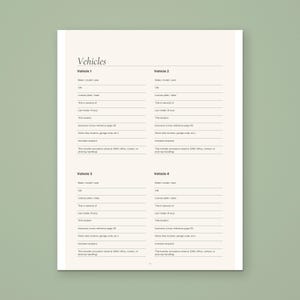 Vehicles page from the Calmkept End of Life Planner, with four blocks for make and model, VIN, title, lien holder, insurance and intended recipient