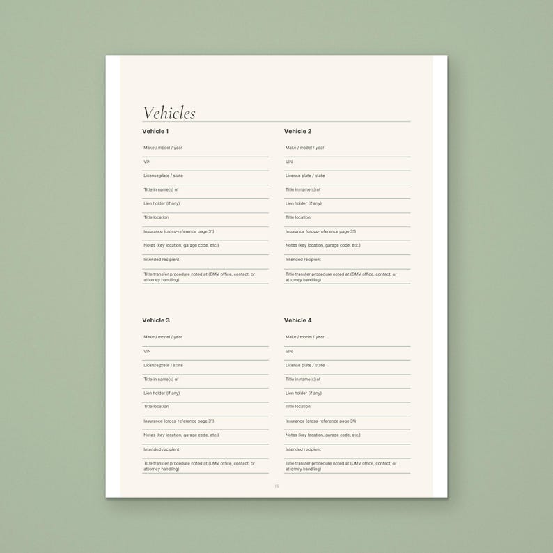 Vehicles page from the Calmkept End of Life Planner, with four blocks for make and model, VIN, title, lien holder, insurance and intended recipient